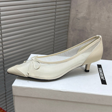 JACQUEMUS 26S HIGH HEELS 45 MM IN CREAM WHITE MESH FABRIC AND CALFSKIN