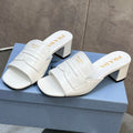 PRADA 26S BLOCK HEEL SLIDE SANDALS 60MM IN WHITE CALFSKIN WITH LOGO