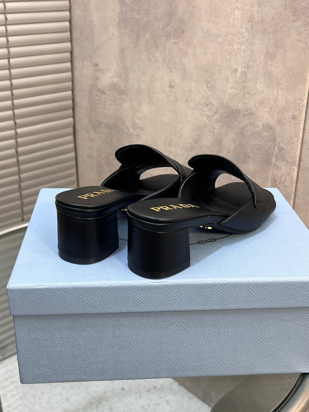 PRADA 26S BLOCK HEEL SLIDE SANDALS 60MM IN BLACK CALFSKIN WITH LOGO