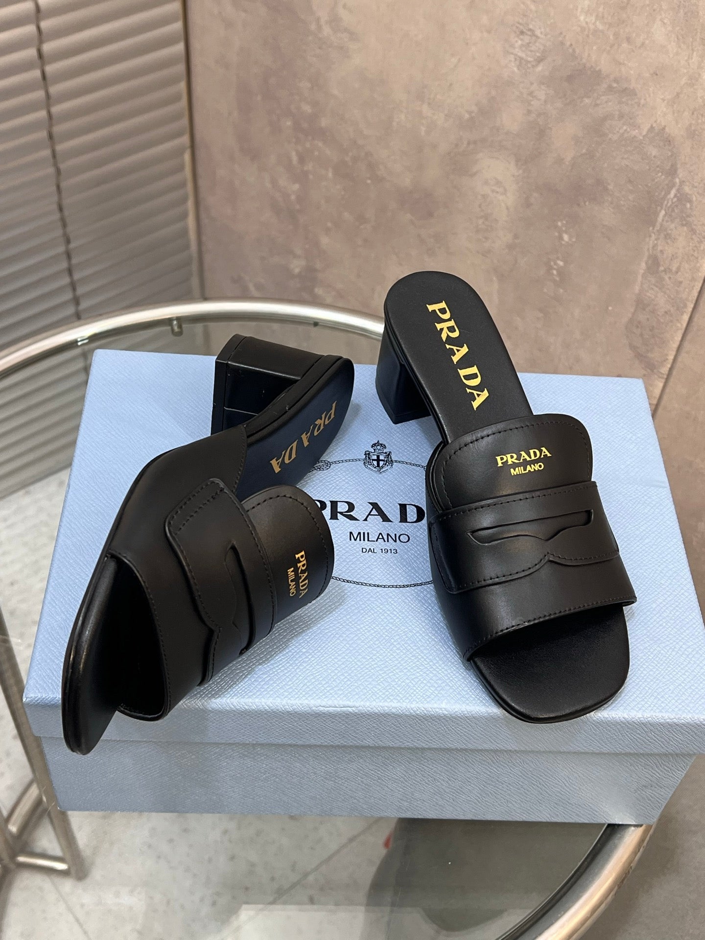 PRADA 26S BLOCK HEEL SLIDE SANDALS 60MM IN BLACK CALFSKIN WITH LOGO