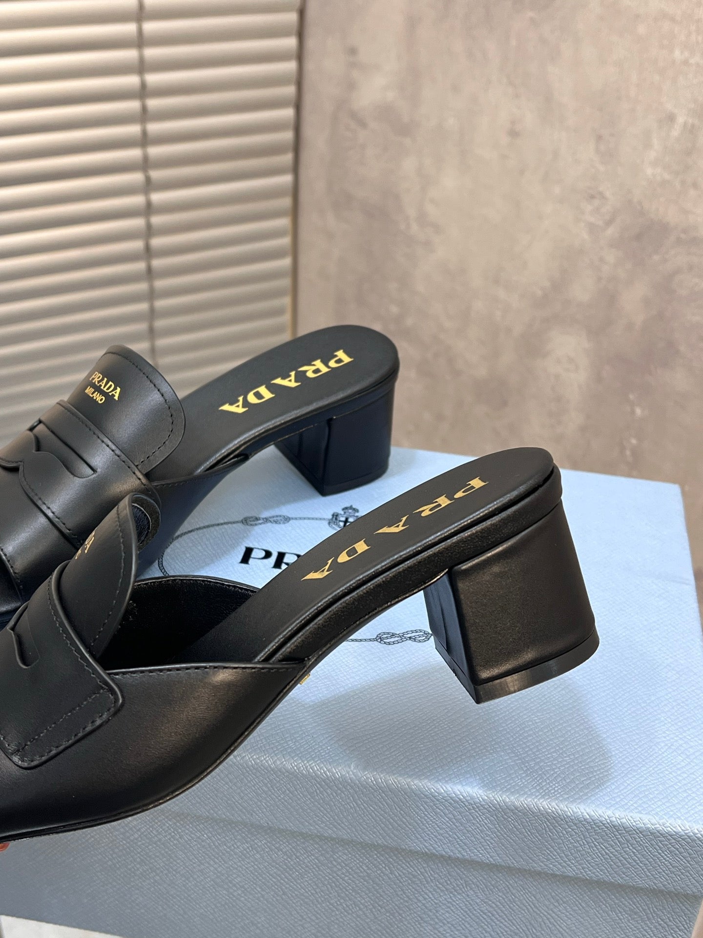 PRADA 26S BLOCK HEEL SLIDE SANDALS 60MM IN BLACK CALFSKIN WITH LOGO