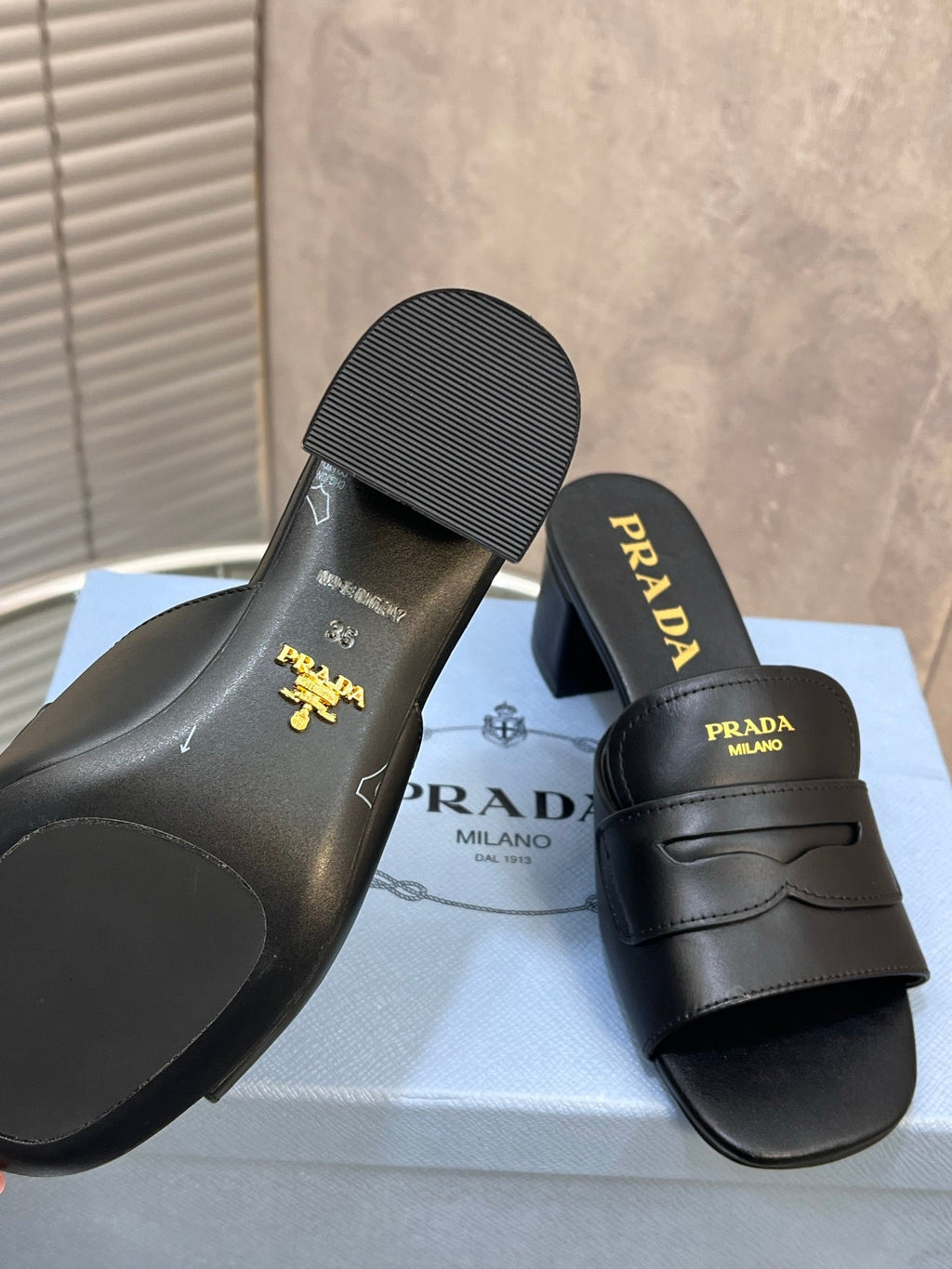 PRADA 26S BLOCK HEEL SLIDE SANDALS 60MM IN BLACK CALFSKIN WITH LOGO