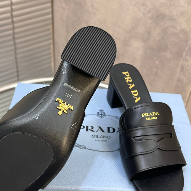 PRADA 26S BLOCK HEEL SLIDE SANDALS 60MM IN BLACK CALFSKIN WITH LOGO