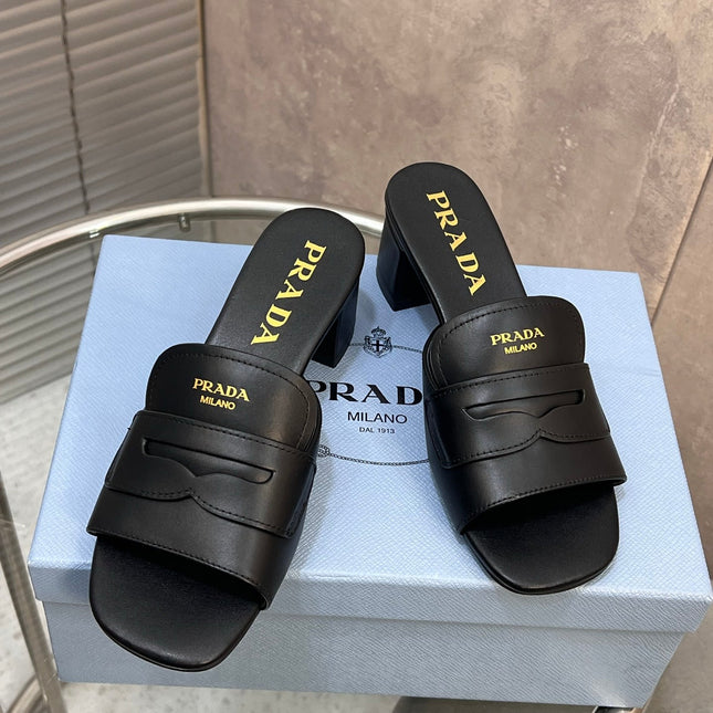 PRADA 26S BLOCK HEEL SLIDE SANDALS 60MM IN BLACK CALFSKIN WITH LOGO