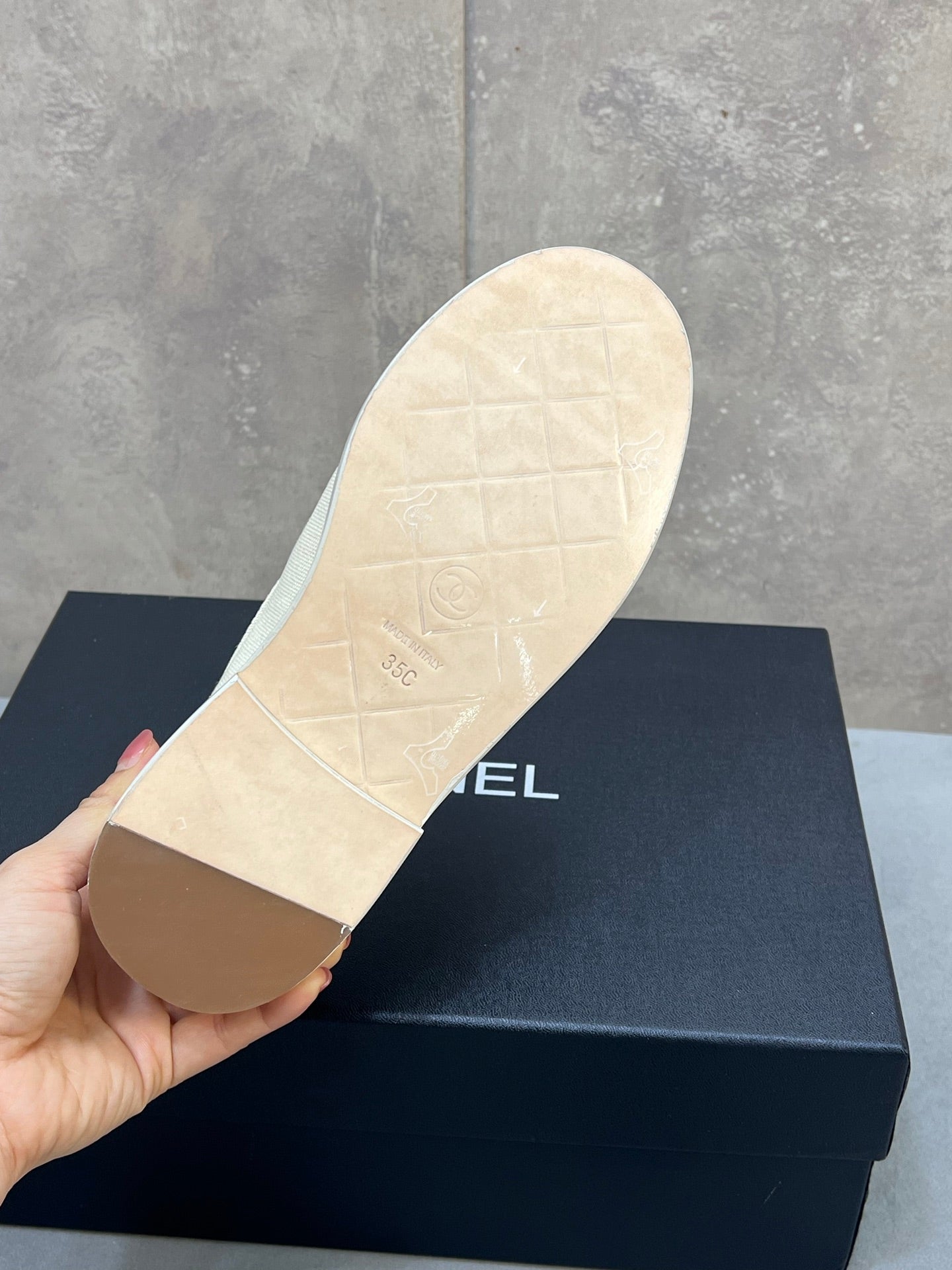 CHANEL 26S LOAFERS IN IVORY WHITE CANVAS WITH QUILTED FLAP & CHAIN CC LOGO