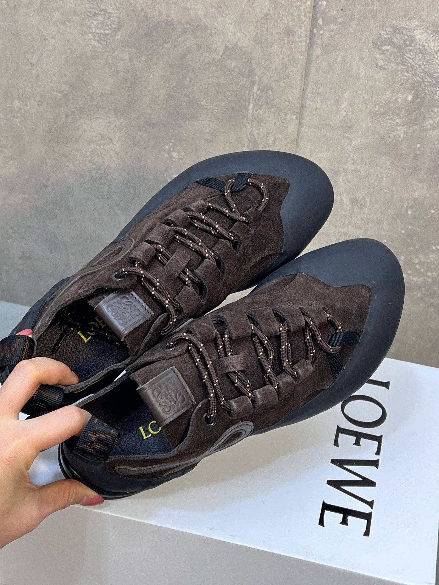 LOEWE 26S LACE UP SNEAKERS IN DARK BROWN SUEDE AND RUBBER SOLE