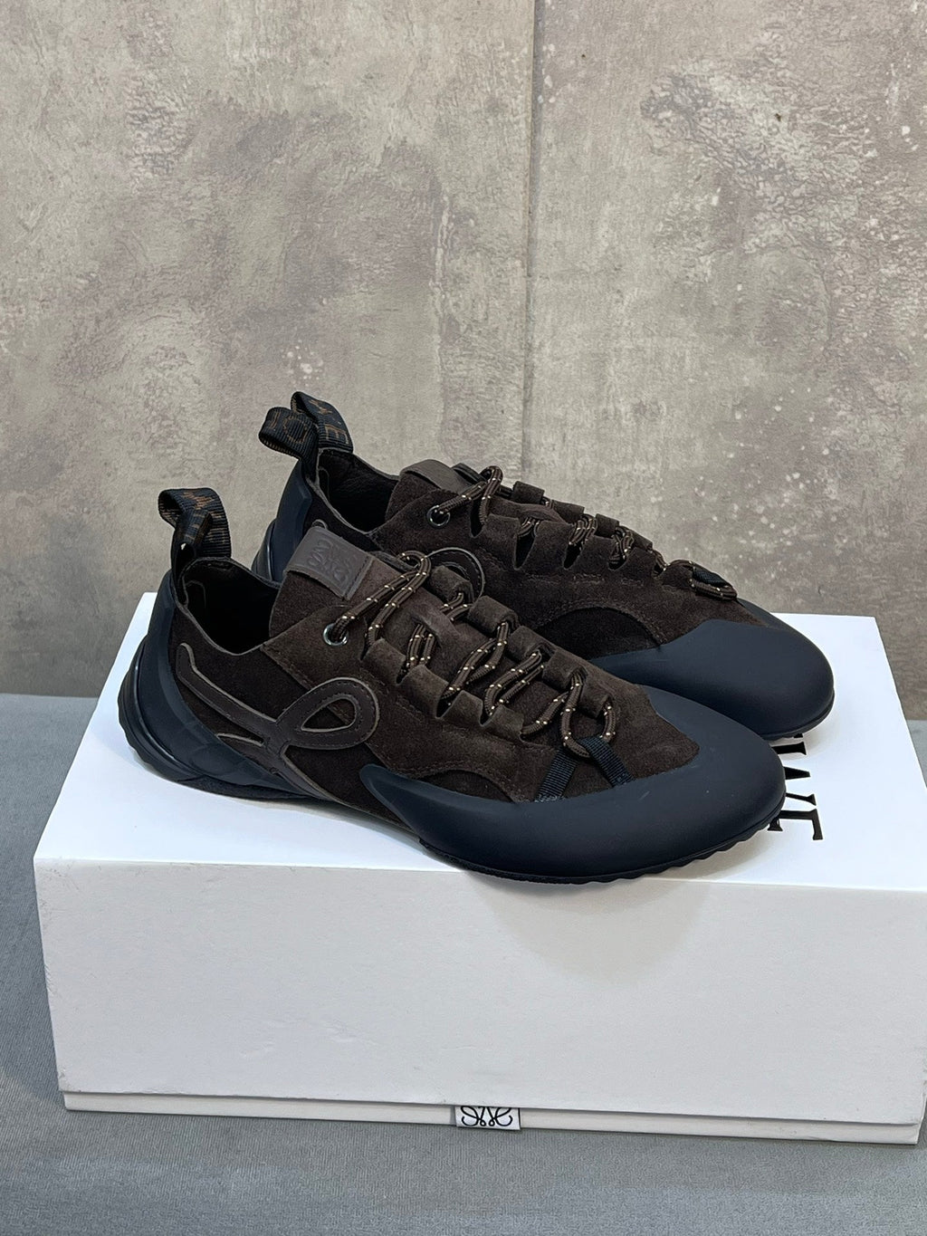 LOEWE 26S LACE UP SNEAKERS IN DARK BROWN SUEDE AND RUBBER SOLE
