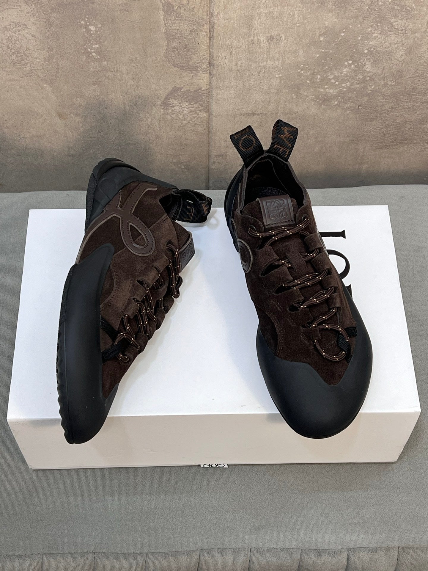 LOEWE 26S LACE UP SNEAKERS IN DARK BROWN SUEDE AND RUBBER SOLE
