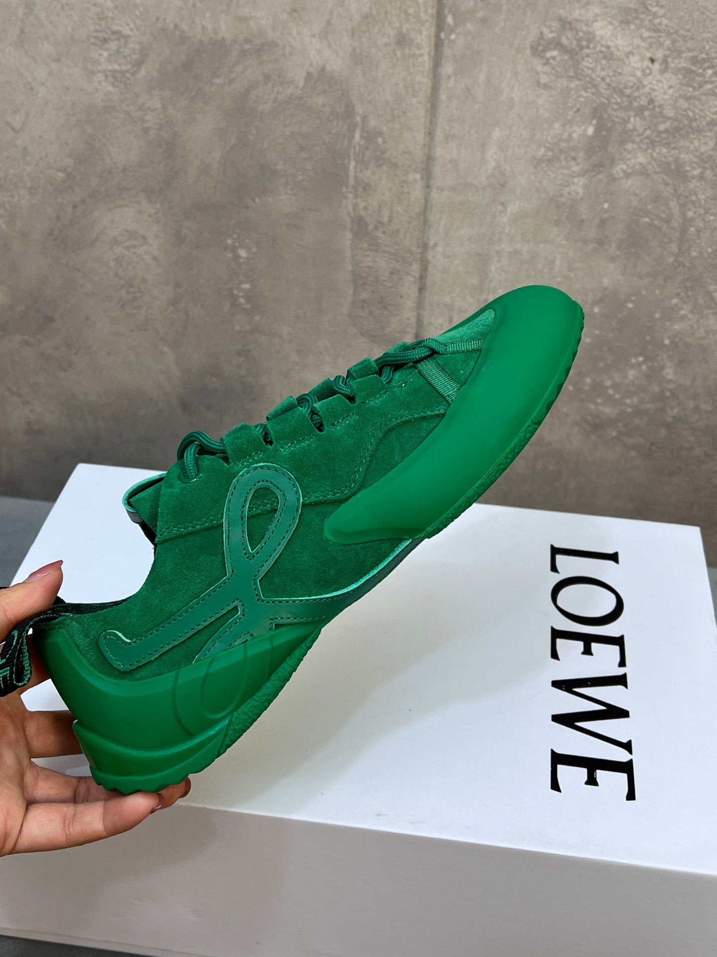 LOEWE 26S LACE UP SNEAKERS IN GREEN SUEDE AND RUBBER SOLE