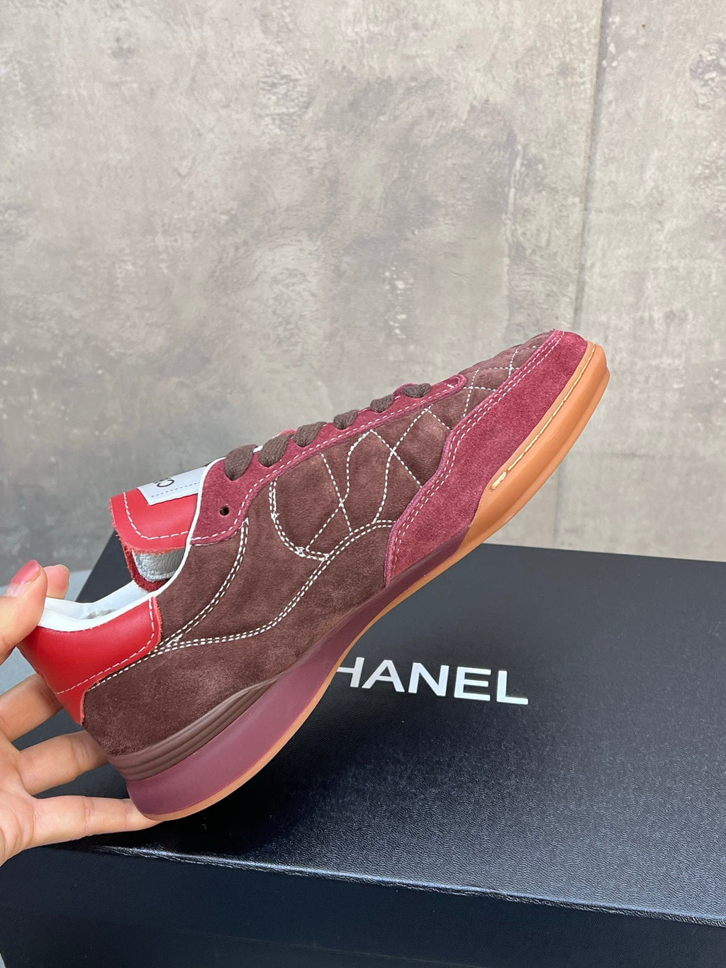 CHANEL 26S SNEAKERS IN DARK BROWN AND BURGUNDY RED SUEDE QUILTED CC LOGO