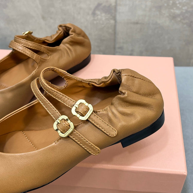 MIUMIU 26S DOUBLE STRAP MARY JANE FLATS IN CARAMEL BROWN SHEEPSKIN