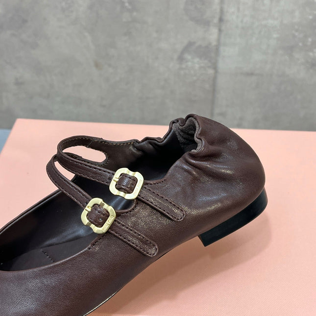 MIUMIU 26S DOUBLE STRAP MARY JANE FLATS IN DARK BROWN SHEEPSKIN