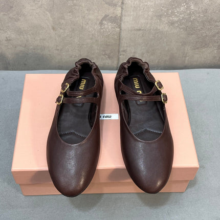 MIUMIU 26S DOUBLE STRAP MARY JANE FLATS IN DARK BROWN SHEEPSKIN