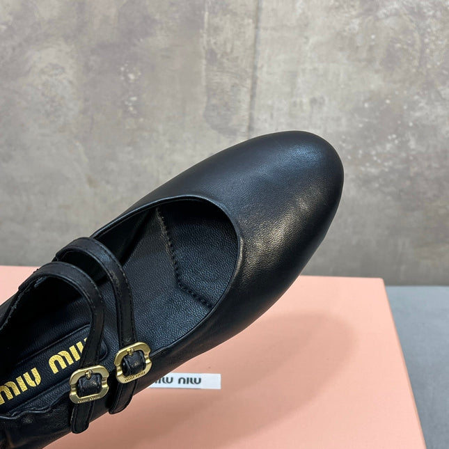 MIUMIU 26S DOUBLE STRAP MARY JANE FLATS IN BLACK SHEEPSKIN