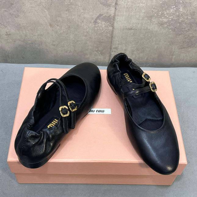 MIUMIU 26S DOUBLE STRAP MARY JANE FLATS IN BLACK SHEEPSKIN