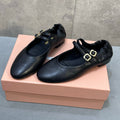 MIUMIU 26S DOUBLE STRAP MARY JANE FLATS IN BLACK SHEEPSKIN