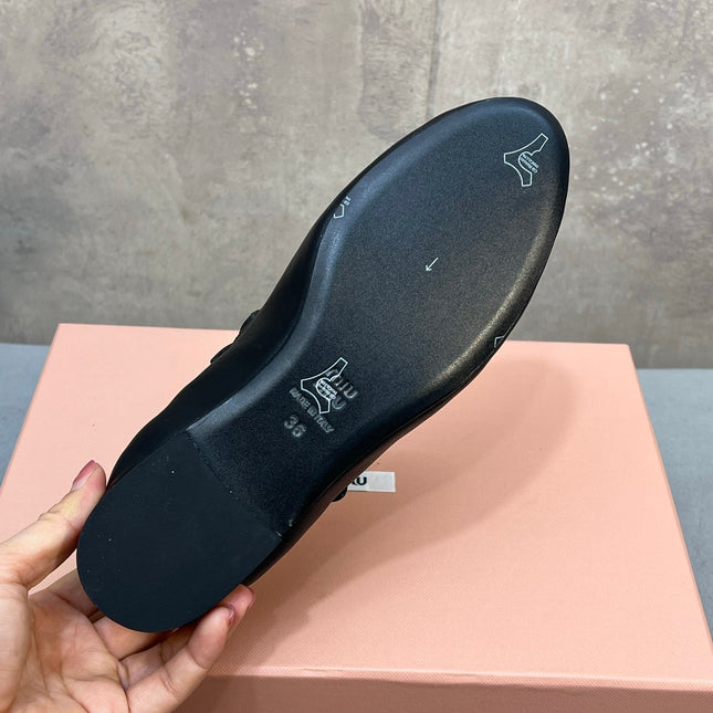 MIUMIU 26S DOUBLE STRAP MARY JANE FLATS IN BLACK SHEEPSKIN