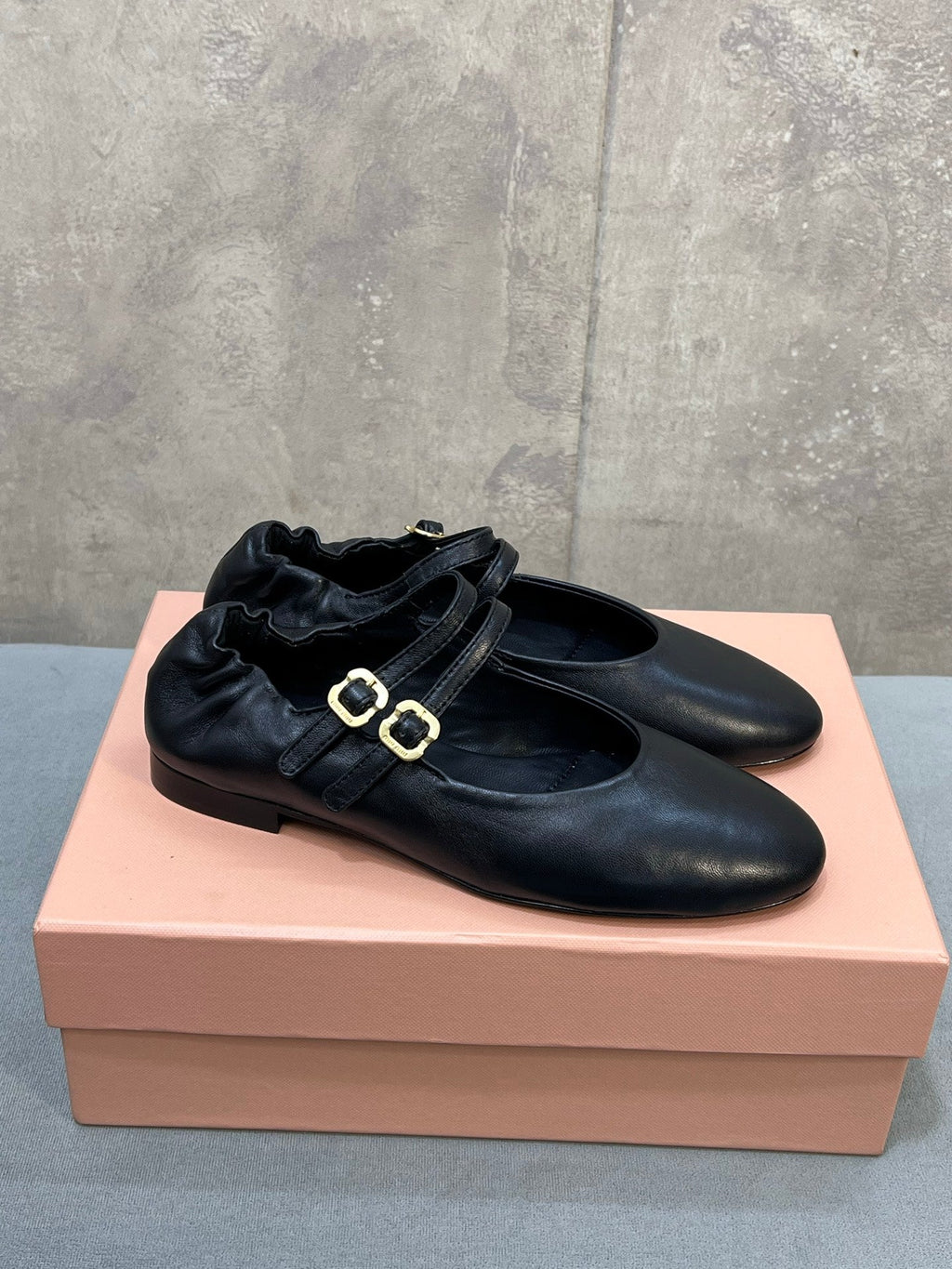 MIUMIU 26S DOUBLE STRAP MARY JANE FLATS IN BLACK SHEEPSKIN