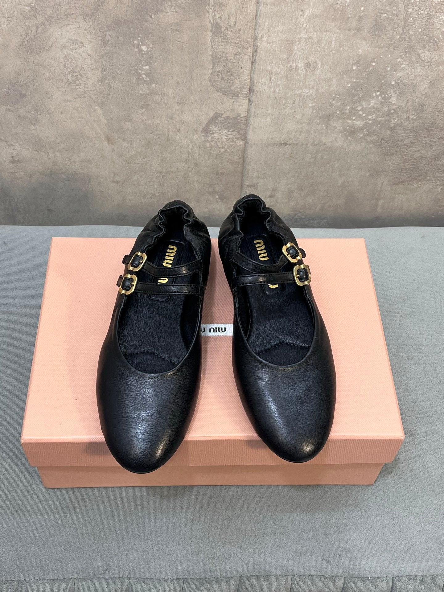 MIUMIU 26S DOUBLE STRAP MARY JANE FLATS IN BLACK SHEEPSKIN