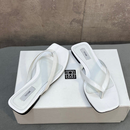 THE ROW 26S SQUARE TOE THONG SANDALS IN WHITE CROCODILE EMBOSSED CALFSKIN