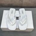 THE ROW 26S SQUARE TOE THONG SANDALS IN WHITE CROCODILE EMBOSSED CALFSKIN