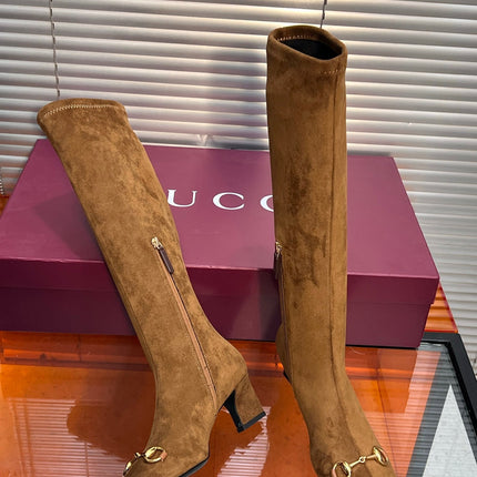 GUCCI 26S HORSEBIT KNEE-HIGH BOOTS 55 MM IN BROWN SUEDE