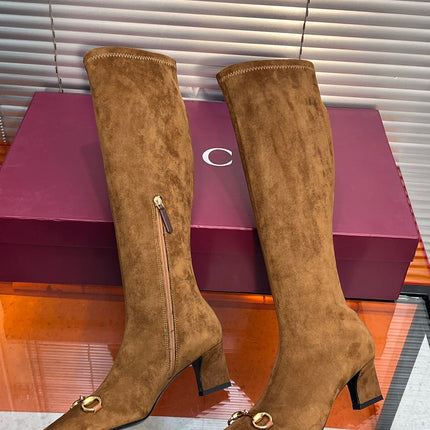 GUCCI 26S HORSEBIT KNEE-HIGH BOOTS 55 MM IN BROWN SUEDE