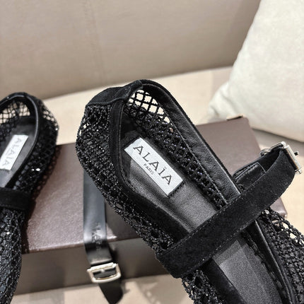 ALAIA 26S MESH FLATS IN BLACK SUEDE
