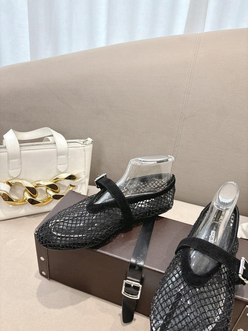 ALAIA 26S MESH FLATS IN BLACK SUEDE