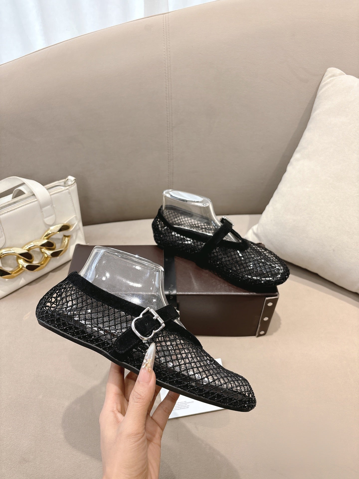 ALAIA 26S MESH FLATS IN BLACK SUEDE
