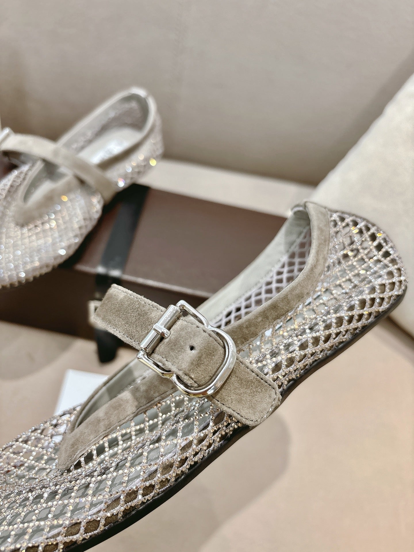 ALAIA 26S MESH FLATS IN BEIGE BROWN SUEDE