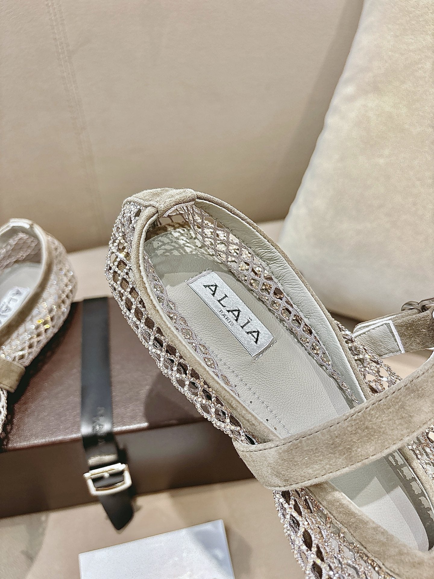 ALAIA 26S MESH FLATS IN BEIGE BROWN SUEDE