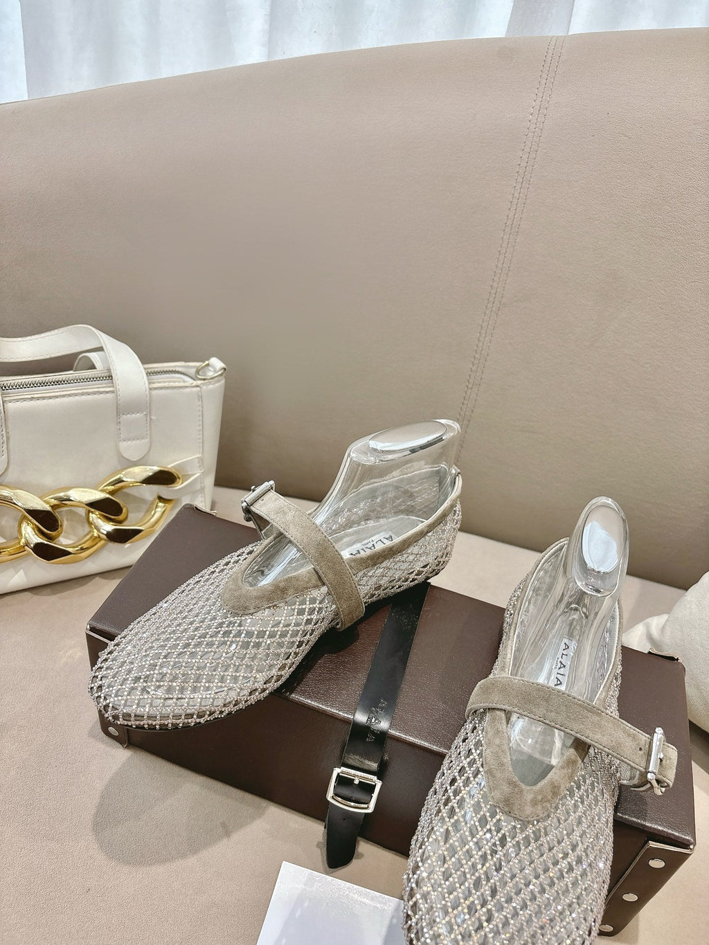 ALAIA 26S MESH FLATS IN BEIGE BROWN SUEDE