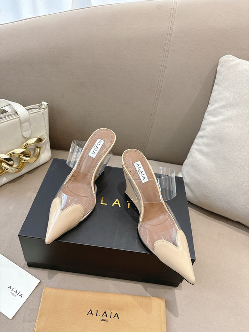 ALAIA 26S HIGH-HEEL WEDGE MULES 95 MM IN BEIGE GLOSSY CALFSKIN