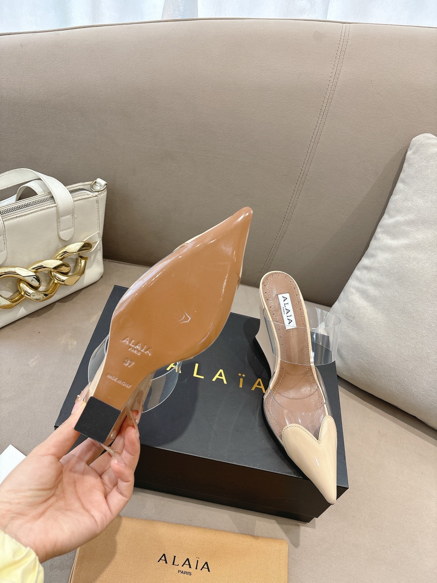 ALAIA 26S HIGH-HEEL WEDGE MULES 95 MM IN BEIGE GLOSSY CALFSKIN