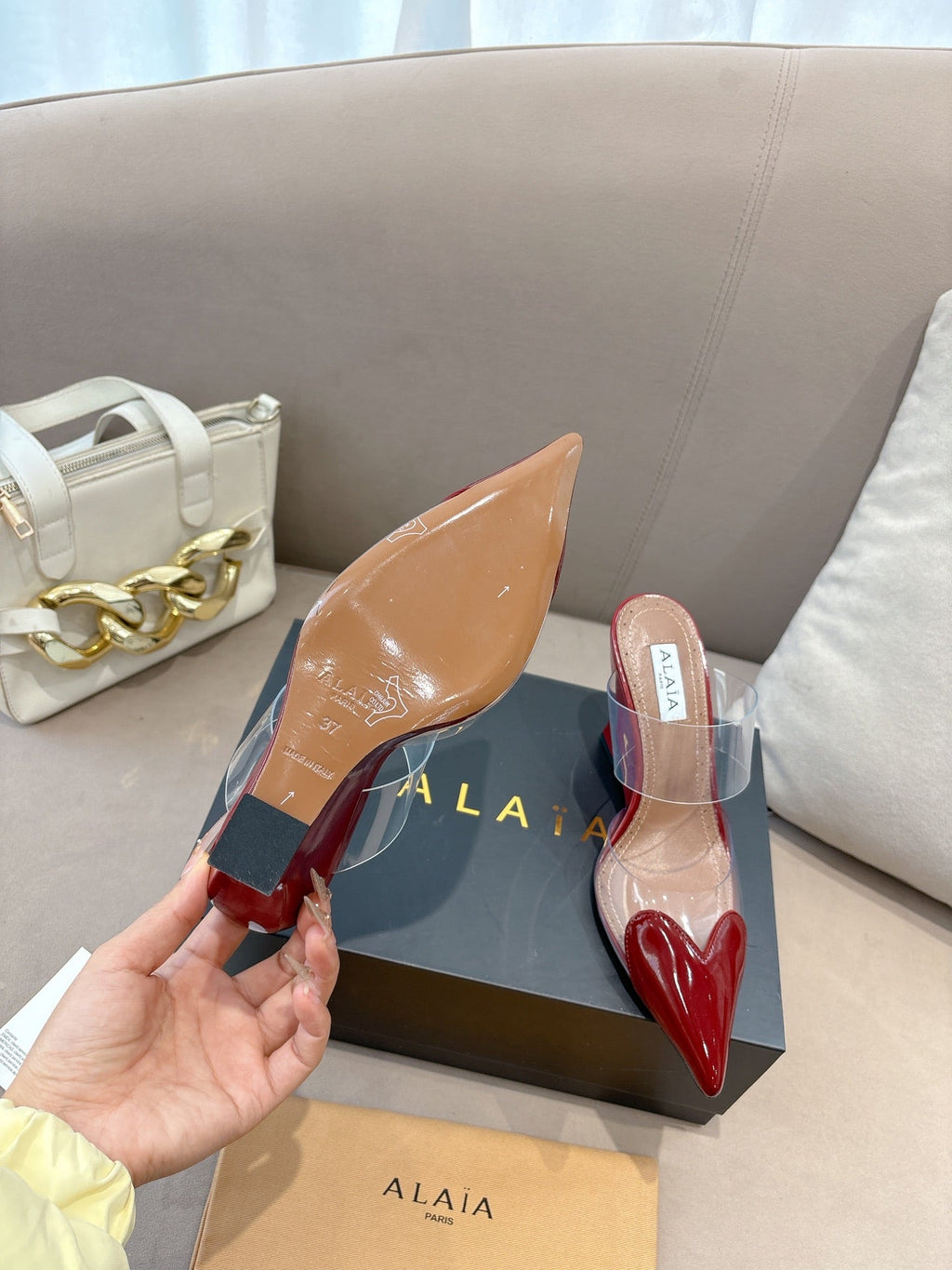 ALAIA 26S HIGH-HEEL WEDGE MULES 95 MM IN DARK RED GLOSSY CALFSKIN
