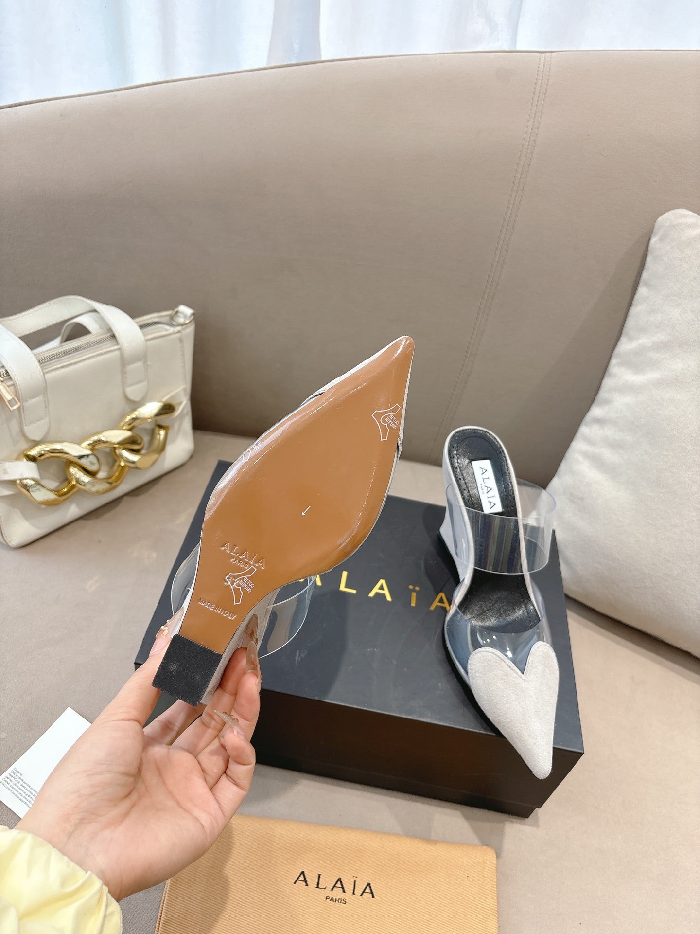 ALAIA 26S HIGH-HEEL WEDGE MULES 95 MM IN OFF WHITE GREY SUEDE