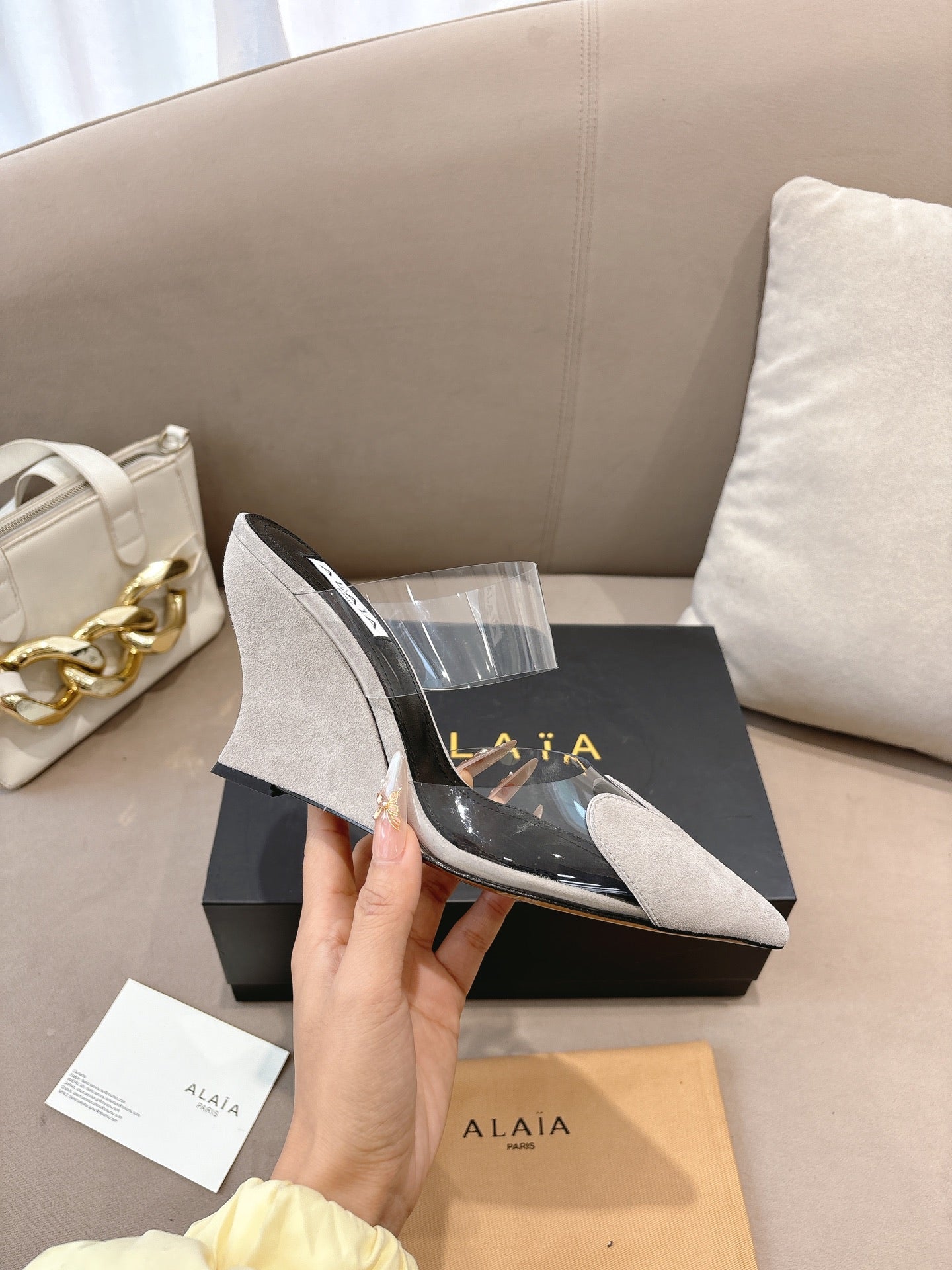 ALAIA 26S HIGH-HEEL WEDGE MULES 95 MM IN OFF WHITE GREY SUEDE