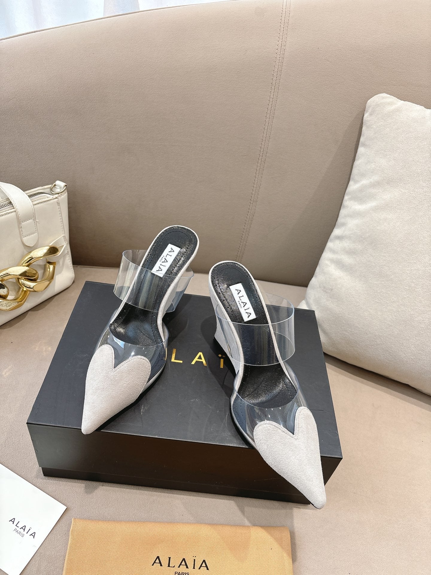 ALAIA 26S HIGH-HEEL WEDGE MULES 95 MM IN OFF WHITE GREY SUEDE