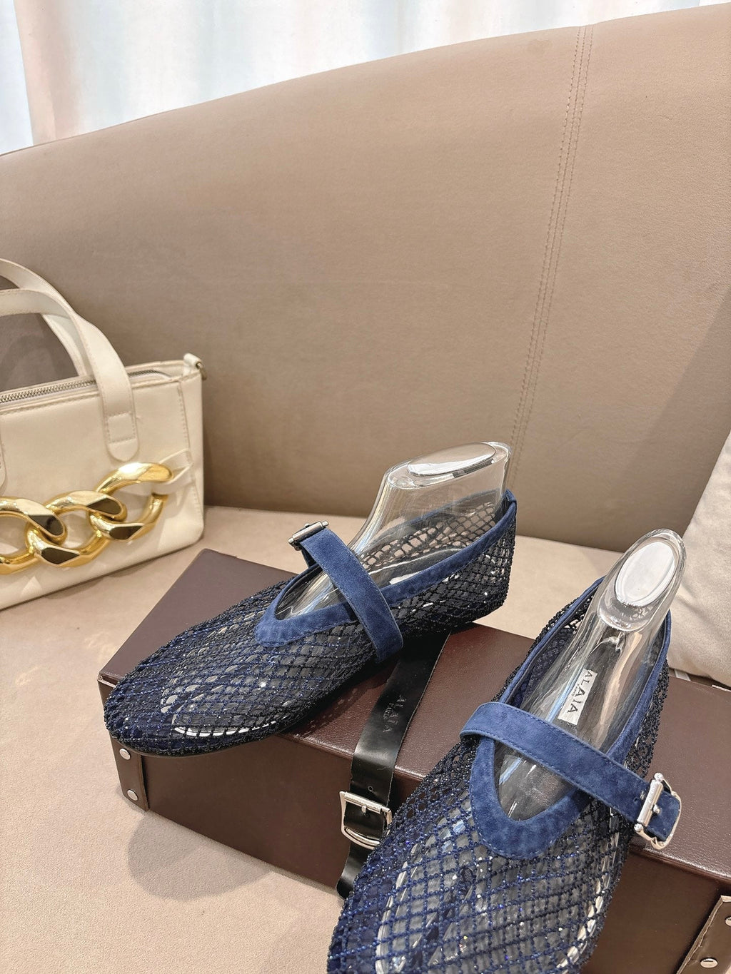 ALAIA 26S MESH FLATS IN NAVY BLUE SUEDE
