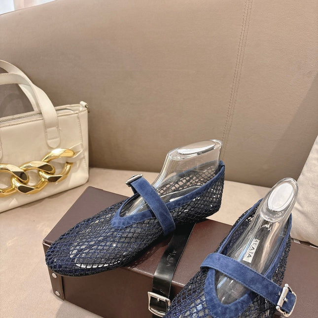 ALAIA 26S MESH FLATS IN NAVY BLUE SUEDE