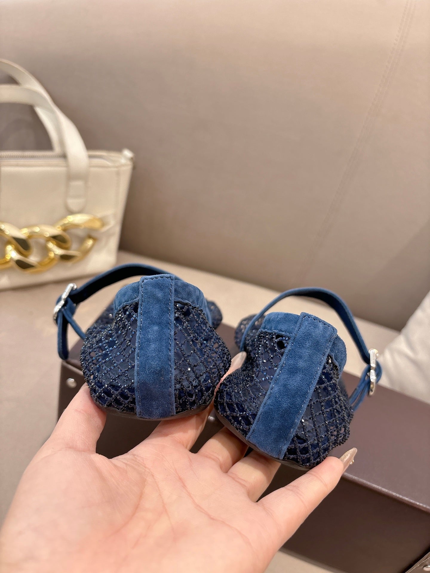 ALAIA 26S MESH FLATS IN NAVY BLUE SUEDE
