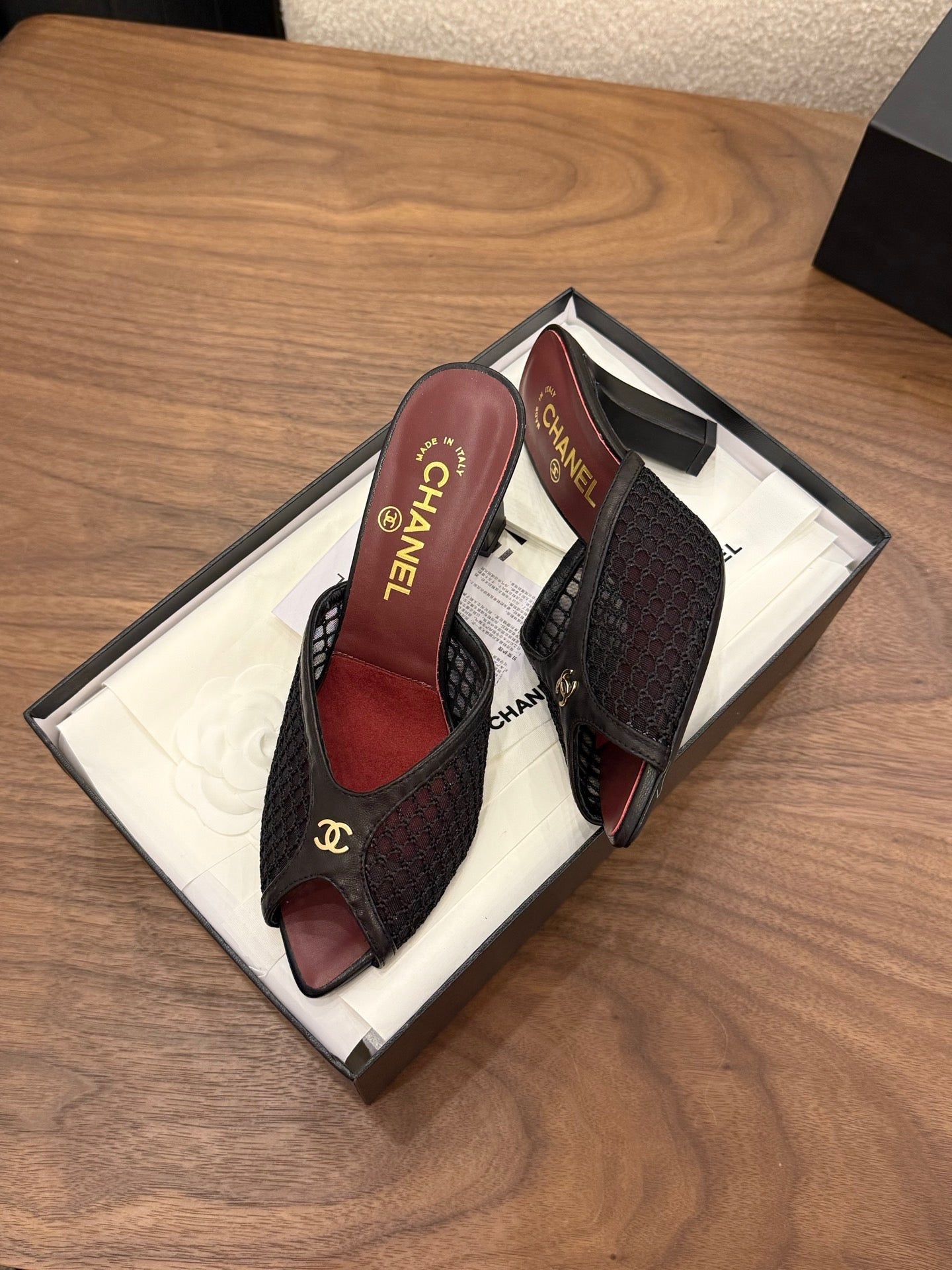 CHANEL 26S COCO BEACH MULES IN BLACK MESH AND FARBIC