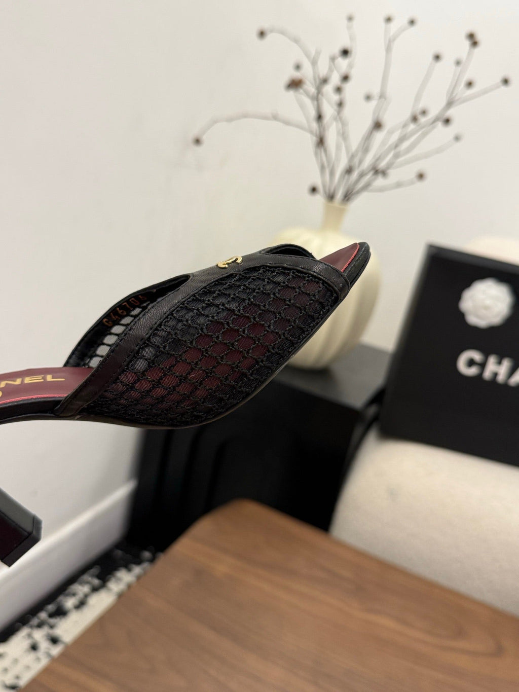 CHANEL 26S COCO BEACH MULES IN BLACK MESH AND FARBIC