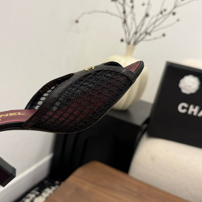 CHANEL 26S COCO BEACH MULES IN BLACK MESH AND FARBIC