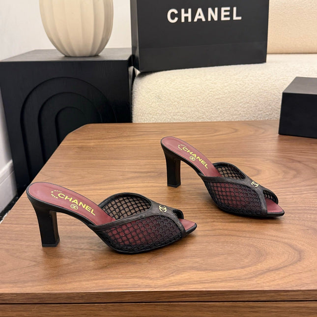 CHANEL 26S COCO BEACH MULES IN BLACK MESH AND FARBIC