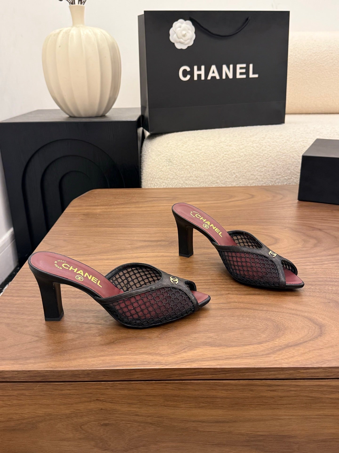 CHANEL 26S COCO BEACH MULES IN BLACK MESH AND FARBIC