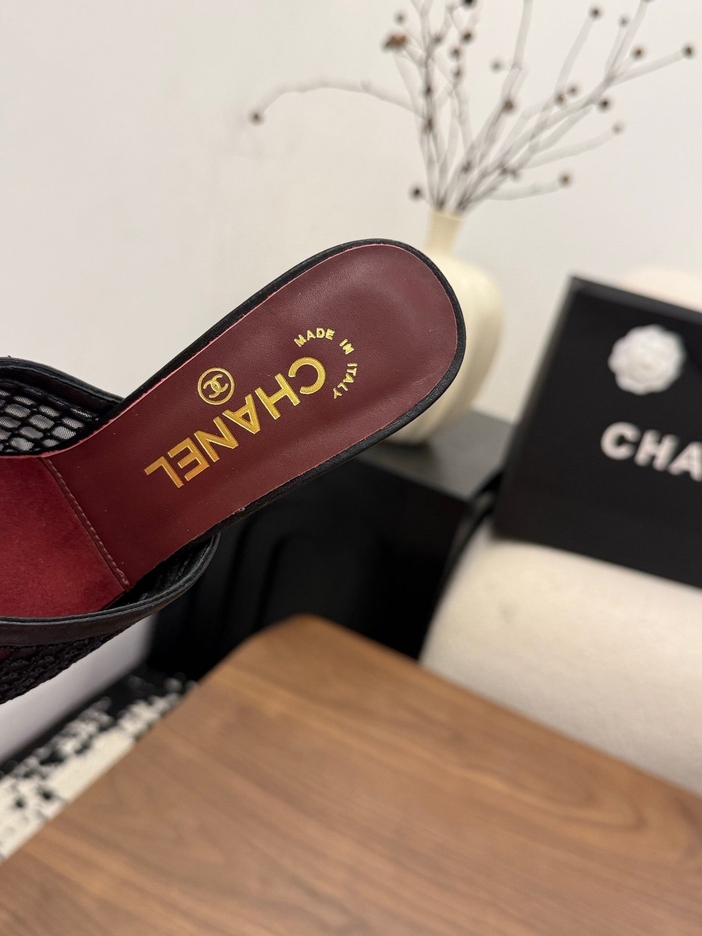CHANEL 26S COCO BEACH MULES IN BLACK MESH AND FARBIC