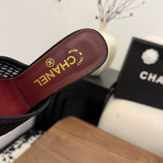 CHANEL 26S COCO BEACH MULES IN BLACK MESH AND FARBIC