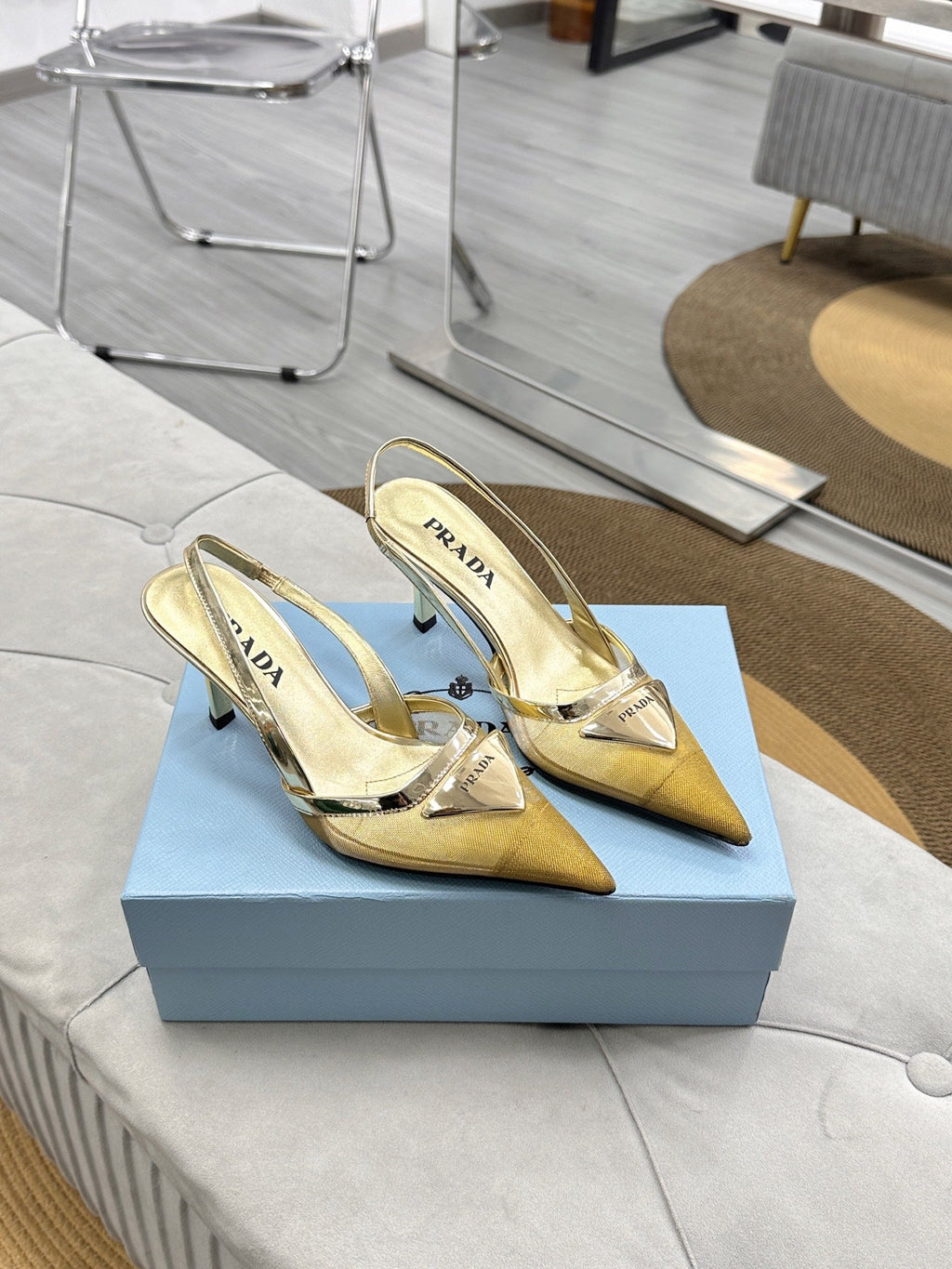 PRADA 25S TRIANGLE LOGO SLINGBACK PUMPS IN GOLD MESH FABRIC